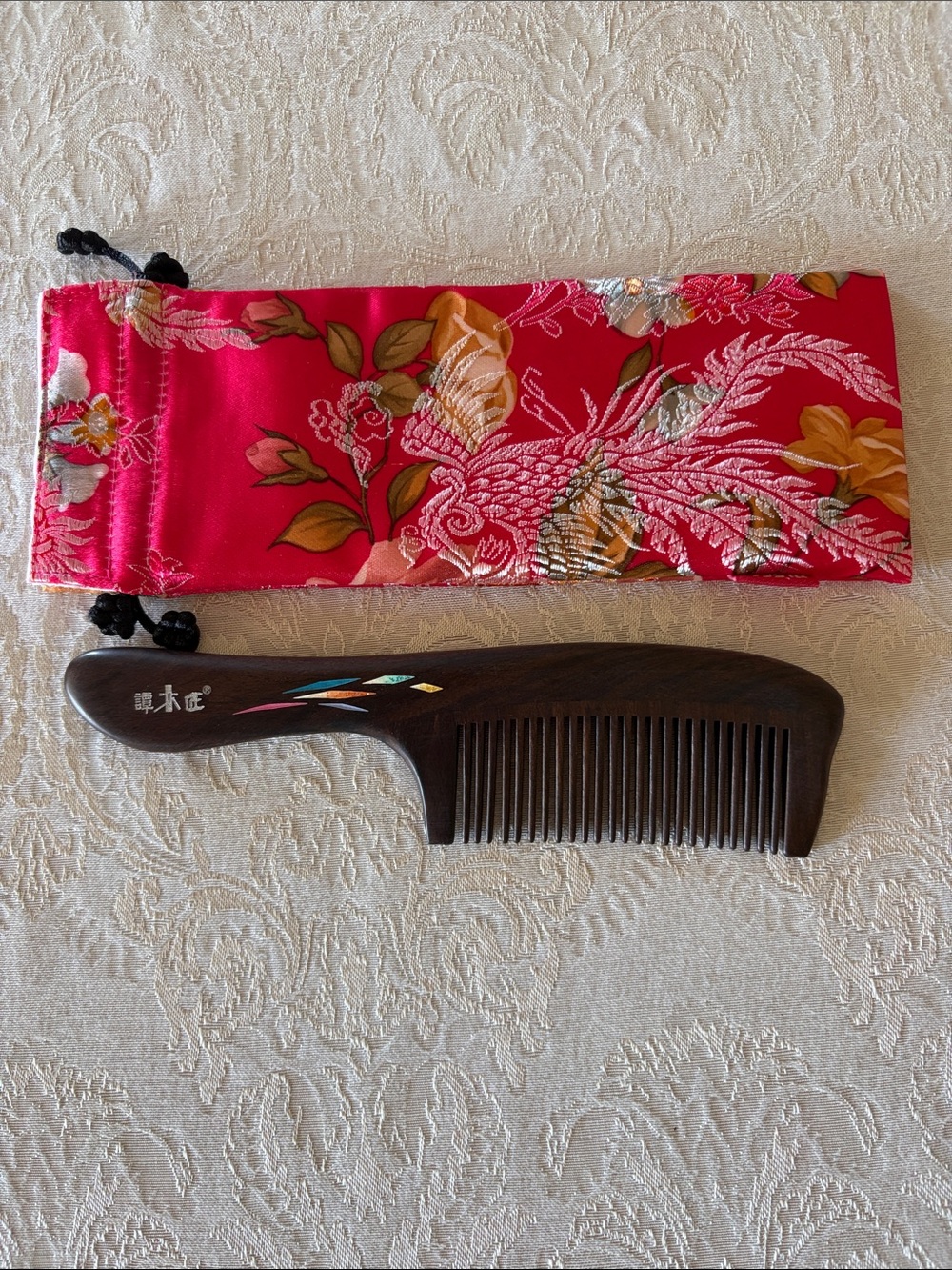 Handcrafted Dark Wood Hair Comb with Red Floral Silk Pouch